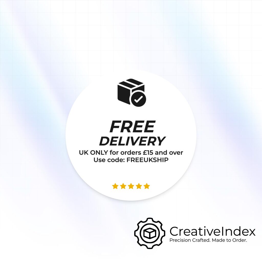 A circular white graphic featuring a black icon of a box with a checkmark, the text FREE DELIVERY, UK ONLY for orders £15 and over, Use code: FREEUKSHIP, and five yellow stars.