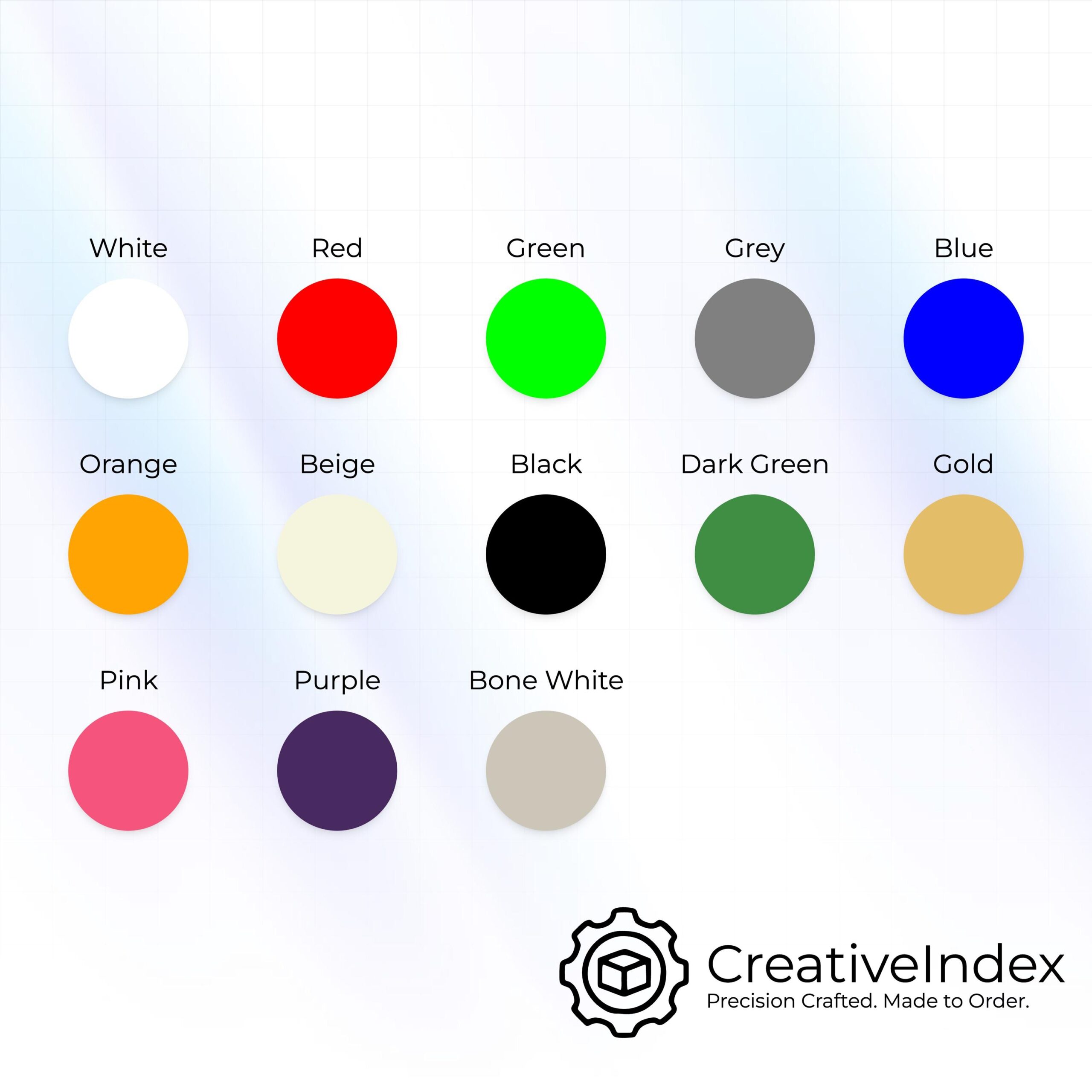 A colour chart featuring thirteen solid circles in white, red, green, grey, blue, orange, beige, black, dark green, gold, pink, purple, and bone white.