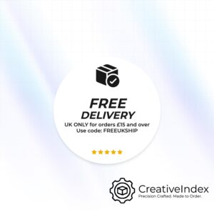 A circular white graphic featuring a black icon of a box with a checkmark, the text FREE DELIVERY, UK ONLY for orders £15 and over, Use code: FREEUKSHIP, and five yellow stars.